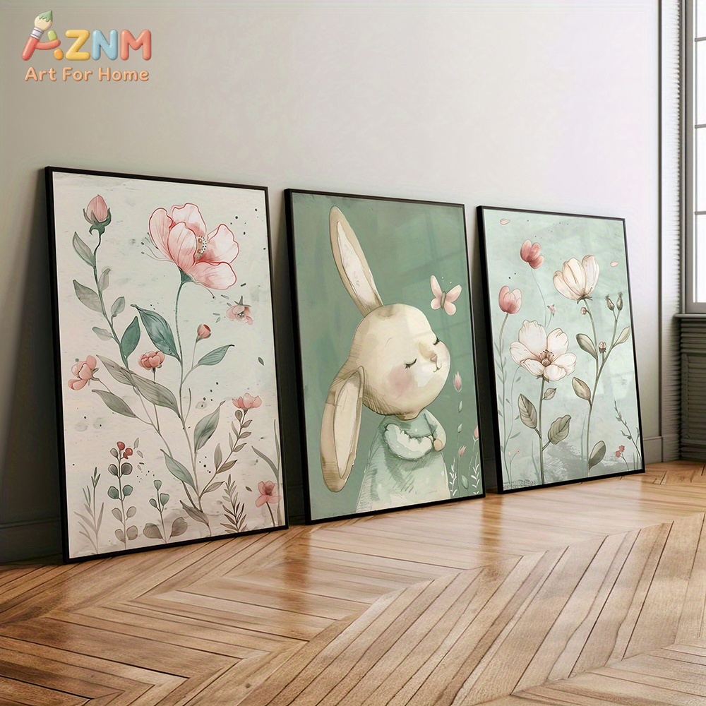 Baby Nursery Picture Frames - 3PCS 귀여운 토끼와 핑크 꽃 캔버스
