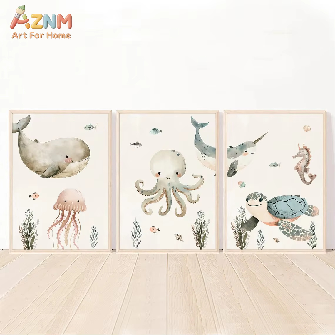 Baby Nursery Ocean - AZNM 수채화 귀여운 바다 동물 캔버스