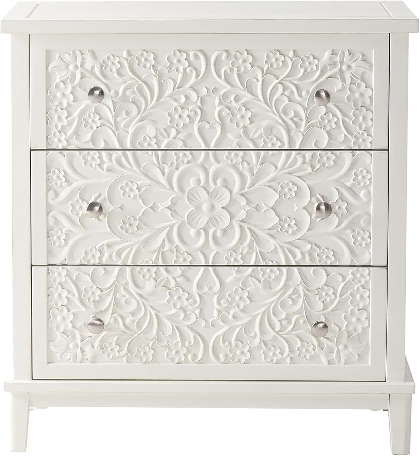 Drawer Dresser White - 화이트워시드 우드 3단 서랍장(꽃무늬) 프렌치 컨트리,