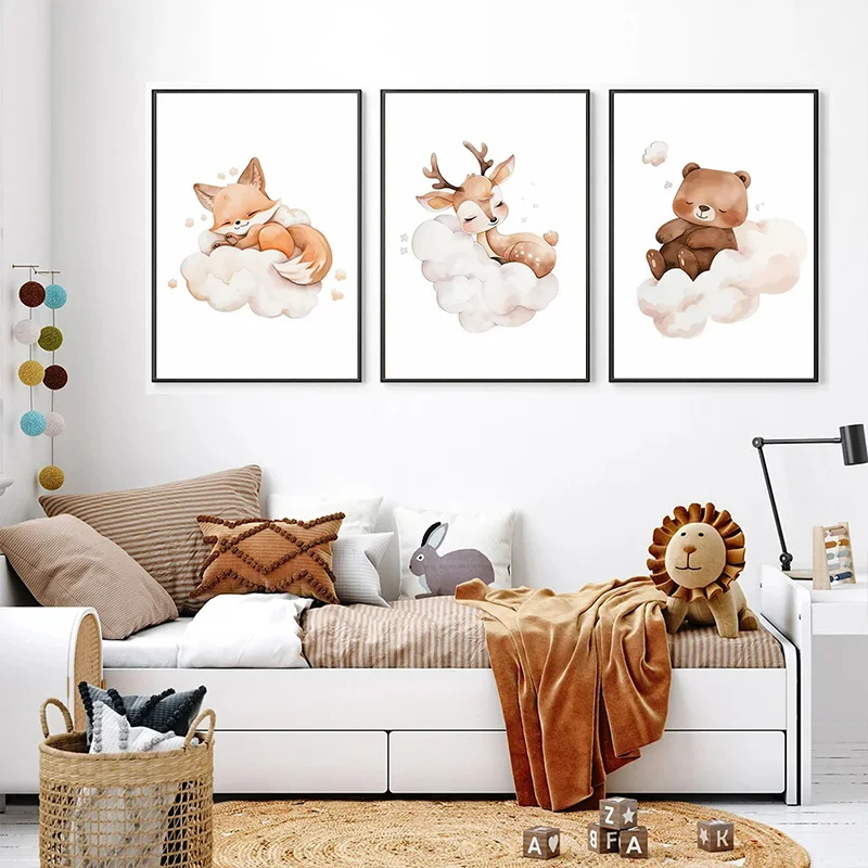 Baby Nursery Picture Frames - 만화 구름 동물 캔버스 그림 벽