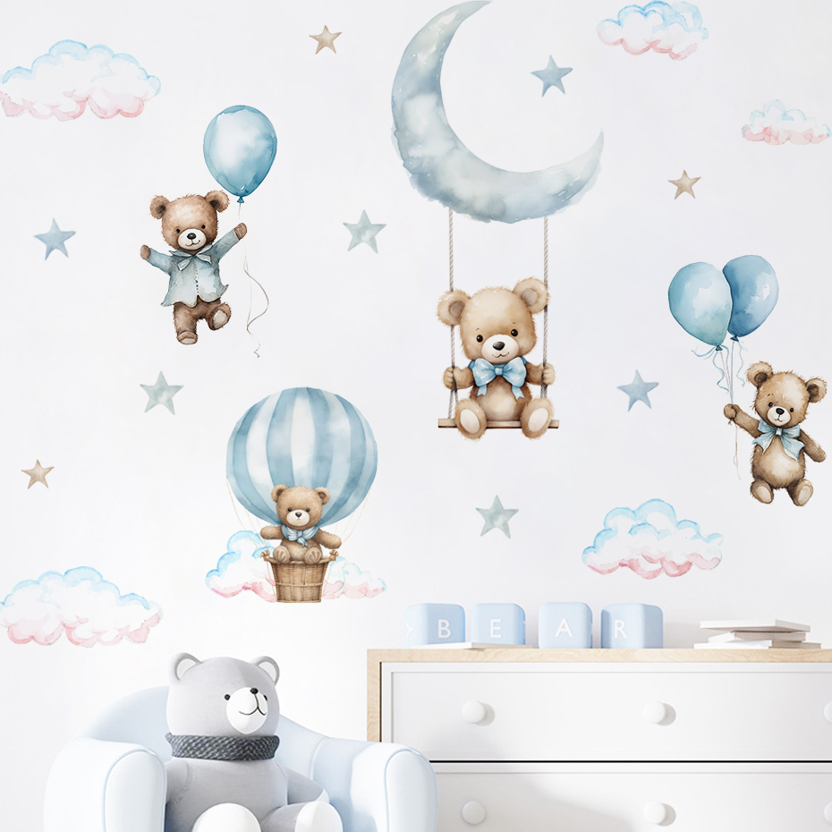 Baby Nursery Set Furniture - 수채화 곰 뜨거운 공기 풍선 구름
