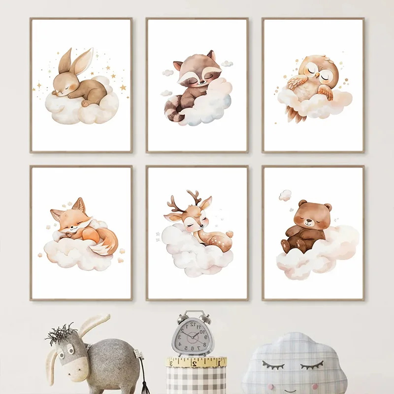 Baby Nursery Picture Frames - 만화 구름 동물 캔버스 그림 벽