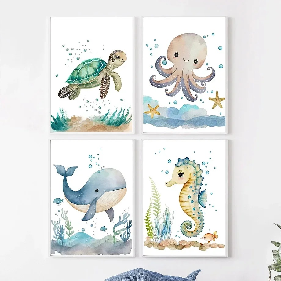 Baby Nursery Ocean - 귀여운 고래, 해마, 문어, 게, 거북이