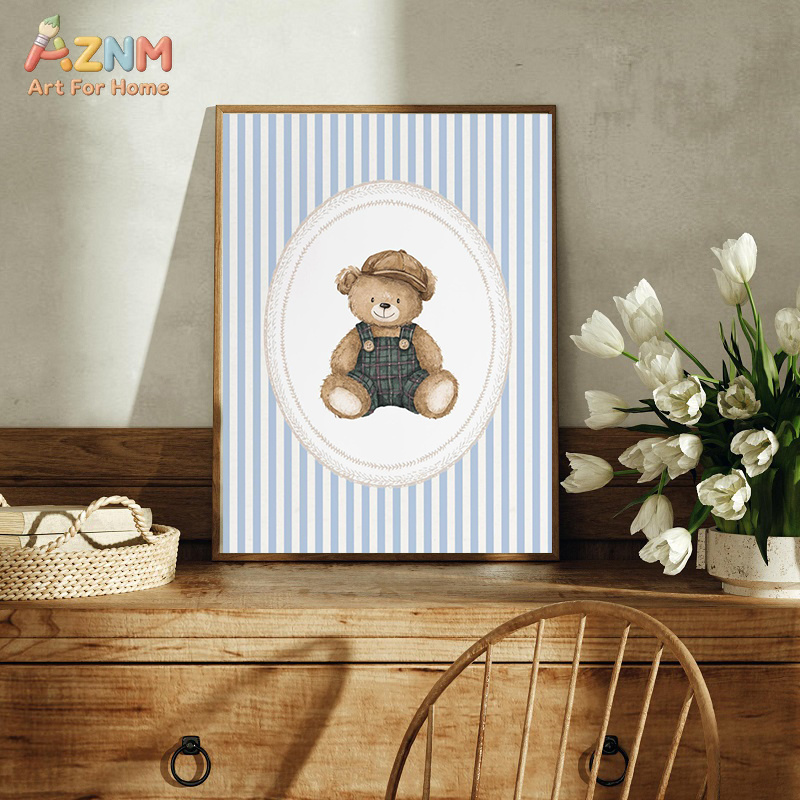 수채화 테디 베어 보육원 벽 예술 블루 줄무늬 체크 무 - Baby Nursery Set Furniture 리뷰 및 가격