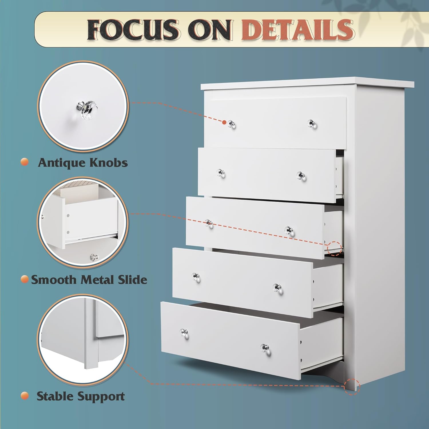 침실용 흰색 서랍장, 높이 45인치, 5단 서랍 목재  - Drawer Dresser White 리뷰 및 가격