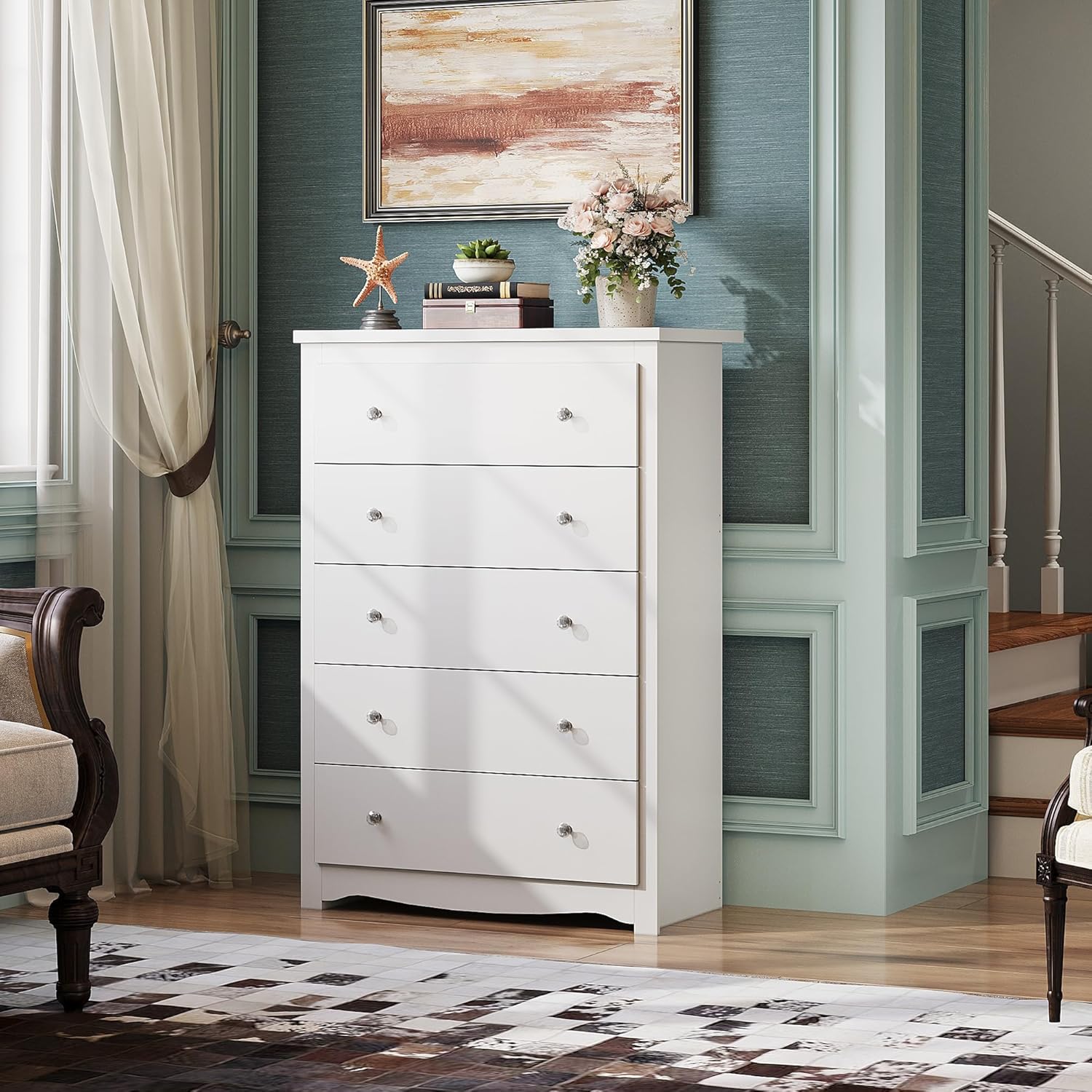 침실용 흰색 서랍장, 높이 45인치, 5단 서랍 목재  - Drawer Dresser White 리뷰 및 가격