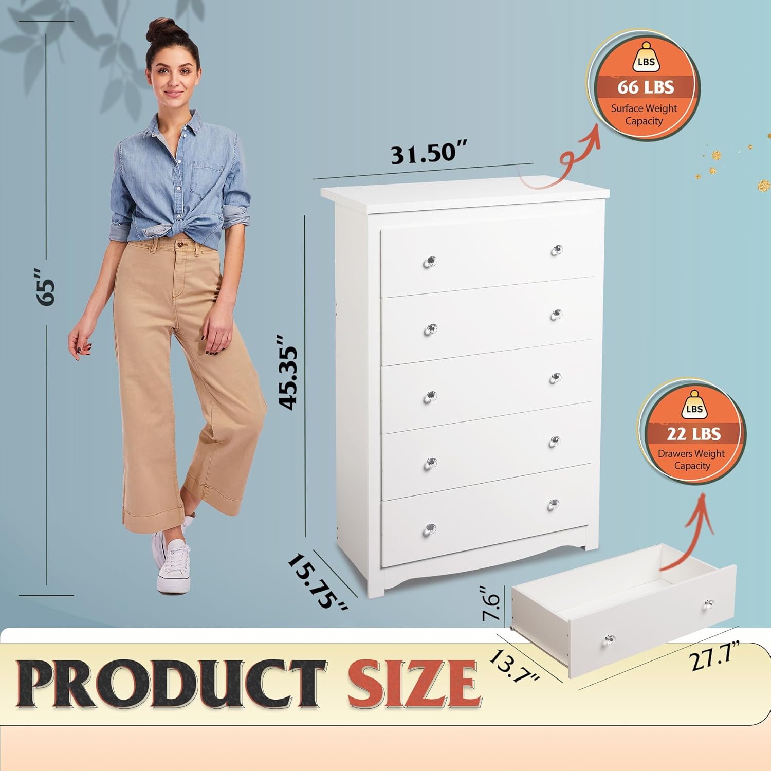 침실용 흰색 서랍장, 높이 45인치, 5단 서랍 목재  - Drawer Dresser White 리뷰 및 가격
