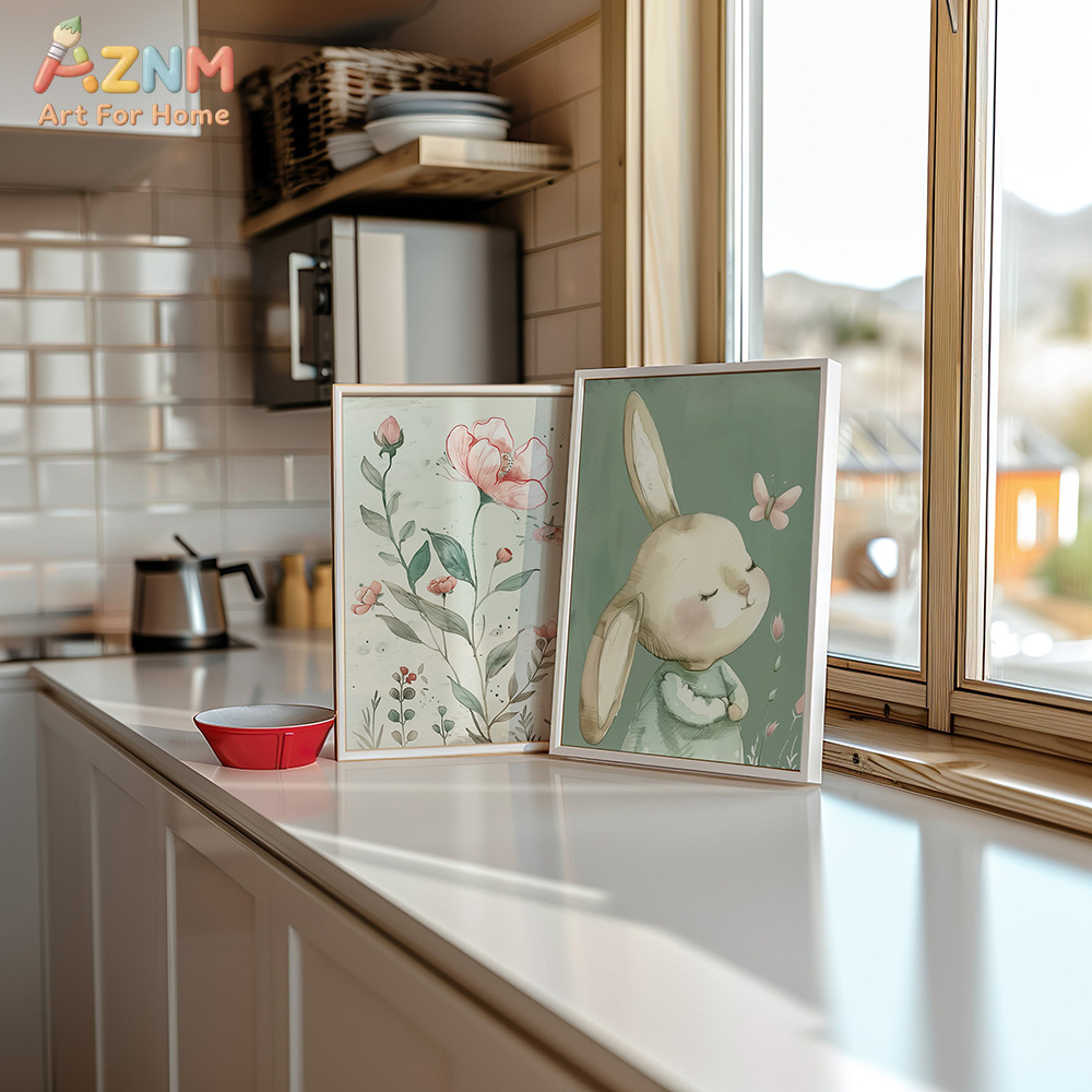 3PCS 귀여운 토끼와 핑크 꽃 캔버스 벽 예술, 수채 - Baby Nursery Picture Frames 리뷰 및 가격