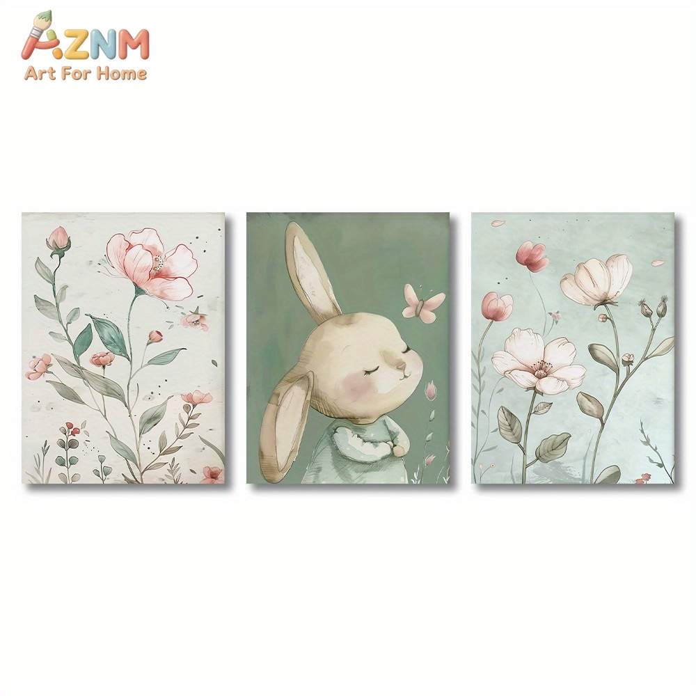 3PCS 귀여운 토끼와 핑크 꽃 캔버스 벽 예술, 수채 - Baby Nursery Picture Frames 리뷰 및 가격