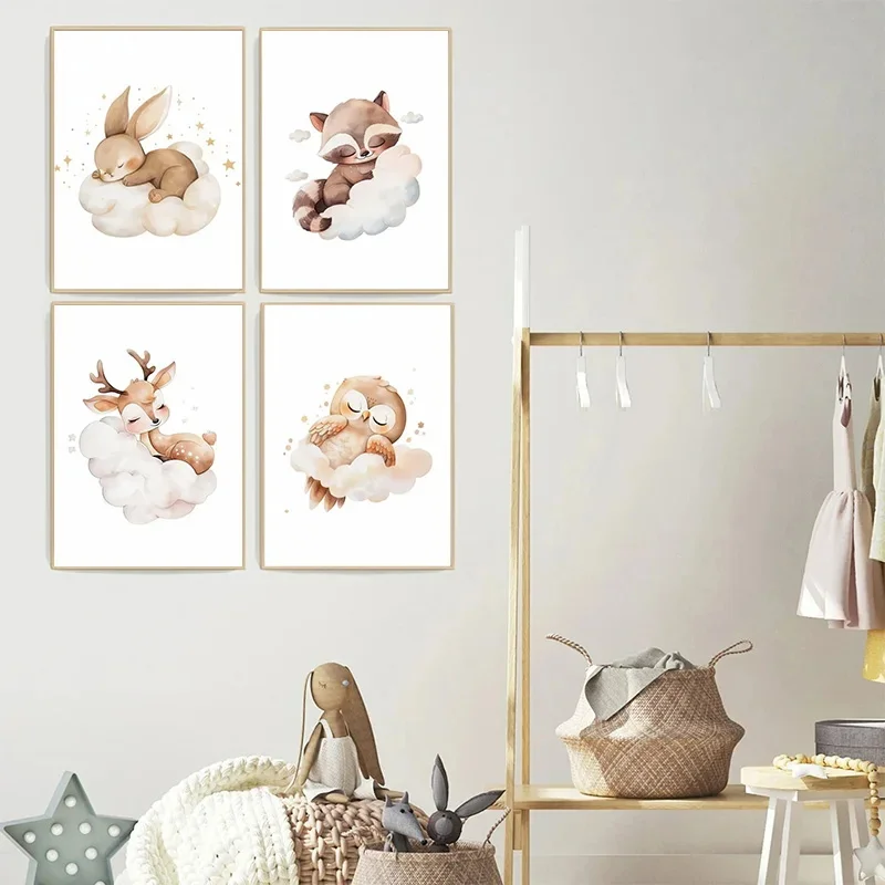 만화 구름 동물 캔버스 회화 벽 예술 귀여운 너구리 여 - Baby Nursery Picture Frames 리뷰 및 가격