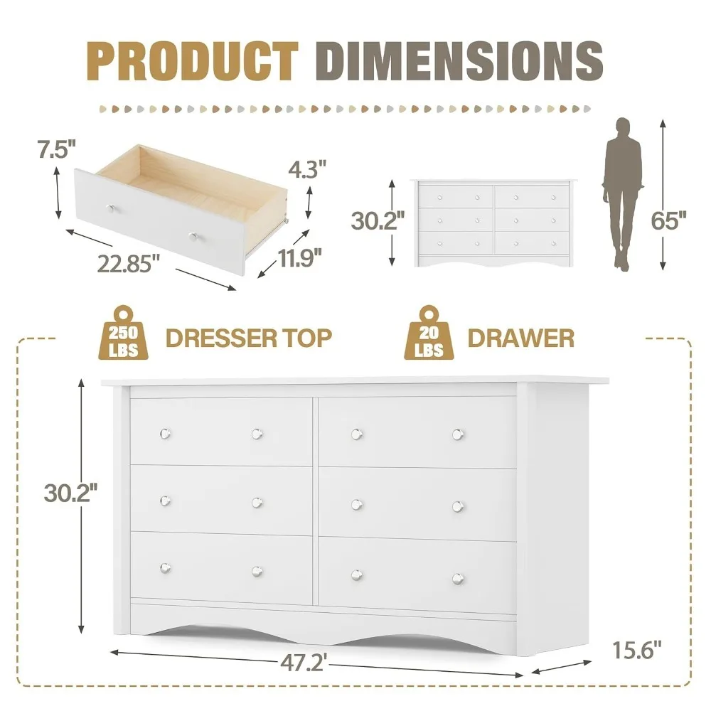 새로운 최고의 할인, 미국 배송, 모던 화이트 원목 6 - Drawer Dresser White 리뷰 및 가격