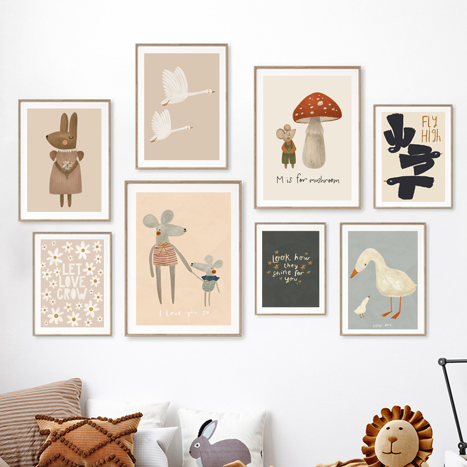 Boho 만화 토끼 마우스 거위 포스터 보육 벽 아트  - Baby Nursery Picture Frames 리뷰 및 가격
