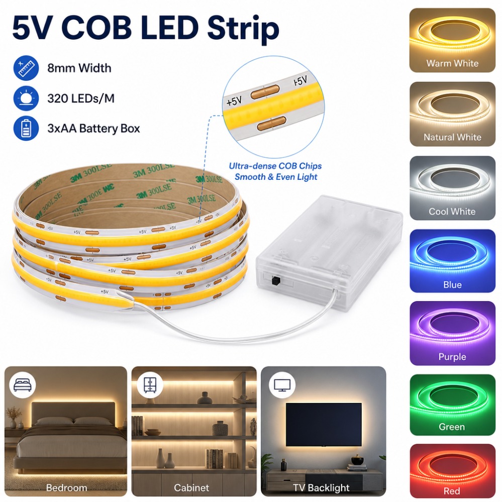 3AA 배터리 5V COB LED 스트립 8MM 320 - Drawer Dresser White 리뷰 및 가격