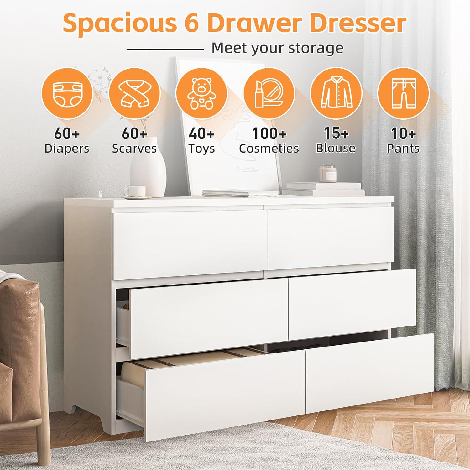 침실용 화이트 우드 6단 서랍장, 깊은 서랍, 수납 정 - Drawer Dresser White 리뷰 및 가격