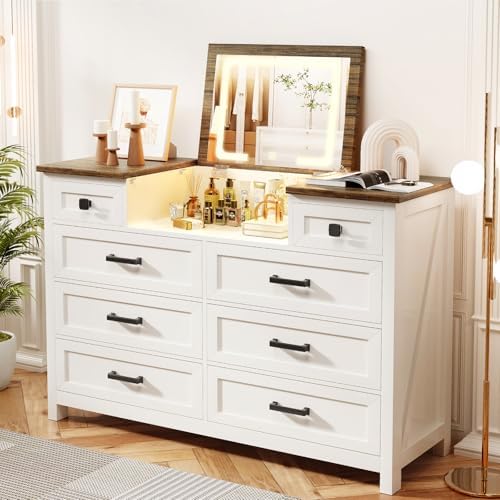 LED 거울이 있는 서랍장, 8개 서랍, 농가 스타일, - Drawer Dresser White 리뷰 및 가격